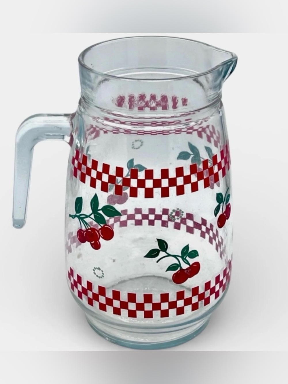 🍒 Vintage KIG Malaysia Cherries & Checkers Glass Pitcher MCM Kitchen Decor